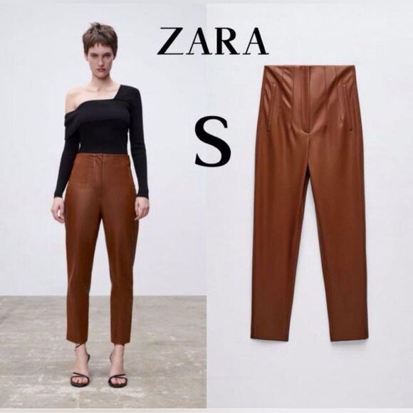 Zara Pants - Zara Faux Leather High-Waisted Pants in Whiskey Size S NWT 4387/432 Brown